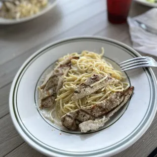 Fettuccine Alfredo with chicken with angel hair pasta substituted