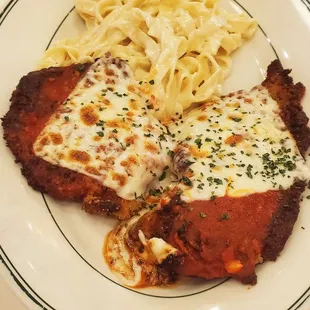 Amazingly delicious Chicken Parmesan with Fettuccine Alfredo!
