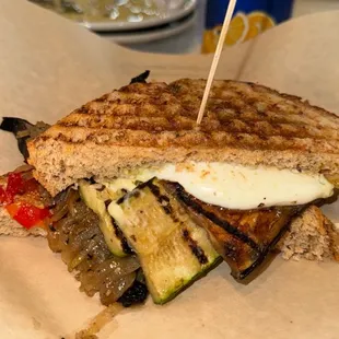 Veggie sandwich with Eggplant, cheese and delicious peppers.