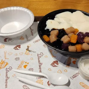 Combo (soft tofu, herbal jello, mochi balls on bed of shaved ice with brown sugar sauce, tiny milk)