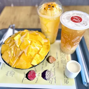 Mango Bingsoo, Passionfruit Smoothie, Peach Green Tea with Lychee Jelly