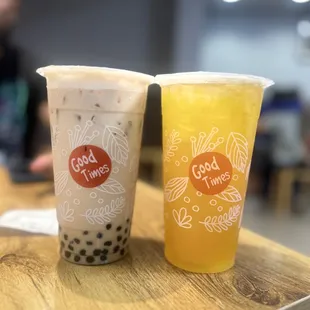 Okinawa milk tea with boba instead of pudding (L) &amp; mango green tea (R)