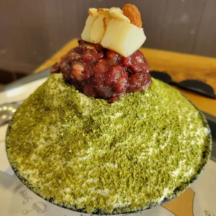 Matcha red bean bingsoo with mochi on top!!!