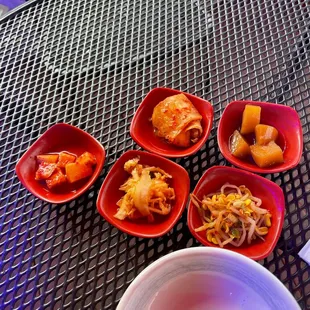 Side dishes that accompany meal. The dishes are swapped every day for something new.