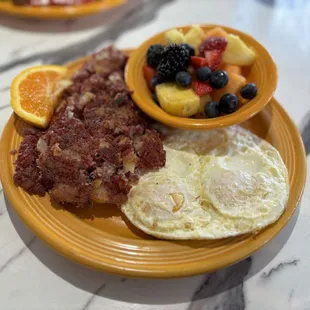 Corned Beef Hash with fresh fruit - delicious!