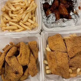 8 piece catfish, 5 piece whiting, 12 piece bbq wings and large fry