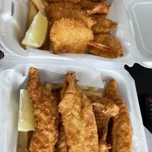 Shrimp on top. English battered cod on bottom