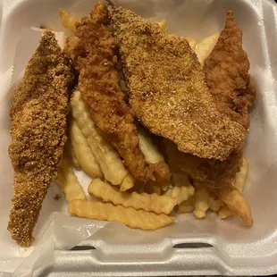 4 pieces of cod, two cornmeal the other english, Fries