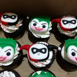 Joker and Harley themed cupcakes for my nephew&apos;s 10th birthday. Chocolate with vanilla frosting.