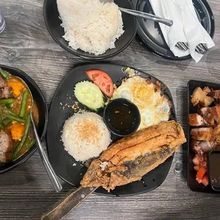 Left - pinakbet, middle - bangsilog (all day), right - bagnit