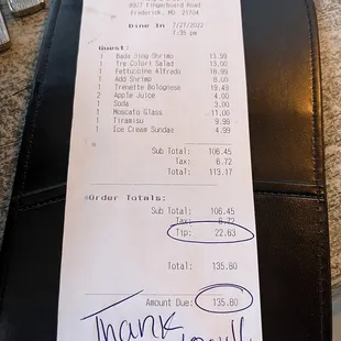 Check with 20% gratuity (after the tax!) included for two adults and a kid. And it is after really bad customer service.
