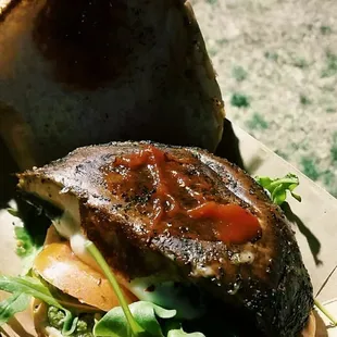 Portabella Mushroom burger (vegetarian) @ the beer fest! The mushroom cap, arugula, garlic, pesto is amazing