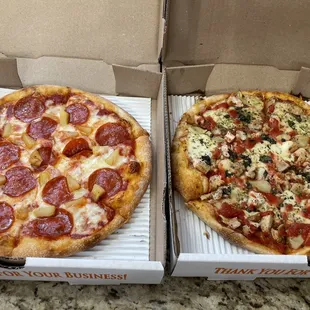 Make your Own Pizza with pepperoni and pineapple. Margarita pizza with chicken and artichoke.