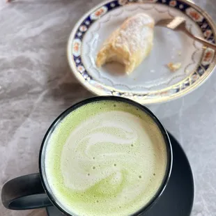 Matcha latte and pastries