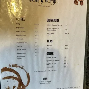 Coffee menu.