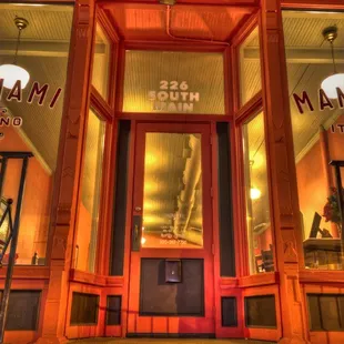 the entrance to a restaurant