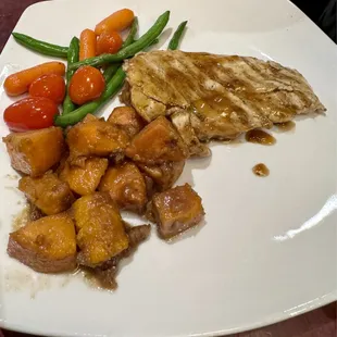 Teriyaki chicken and sweet potatoes.