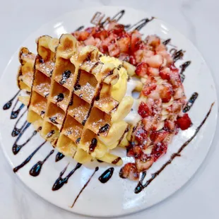 Waffle with strawberry banana Nutella and mango ice cream