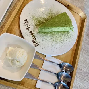 a slice of green tea cake and ice cream