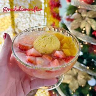 Strawberry mango juice sago with lychee jelly and mango ice cream