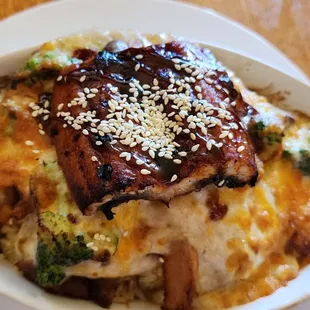 Baked unagi and chicken with rice