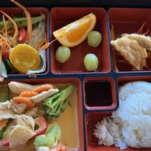 Thai Bento box for lunch. Penang Curry, Ginger salad, choice of white/fried rice or noodles. Not pictured is the Miso soup.