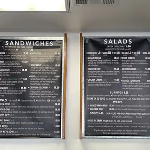 a menu for sandwiches and salads