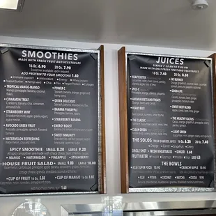 menus for smoothies