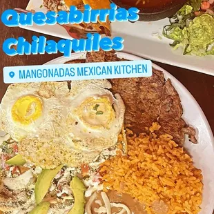 Quesabirrias Chilaquiles with 2 eggs and asada plate
