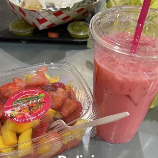 Custom fruit salad and a strawberry drink