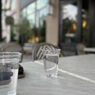 a glass of water on a table