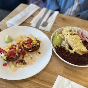Crab cakes and the salmon bowl