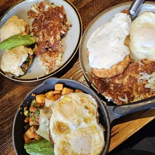 Chorizo Benedict, chicken fried chicken, The red rooster skillet