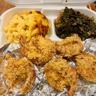 Macaroni &amp; Cheese  Garlic and Herbs shrimp  Smoked Turkey Collard Green