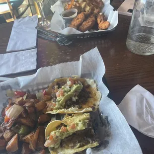 Chicken and waffles and steak tacos