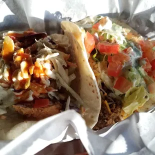 Buffalo Chicken and Beef Avocado (cream sauce) tacos