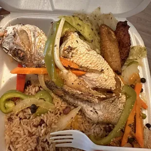 a meal in a styrofoam container