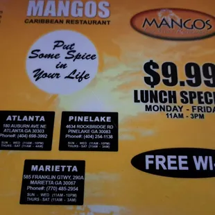 Menu showing lunch special until 3 PM and free WiFi, however both of these statements are false!