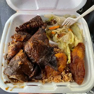 Jerk Chicken Steamed Cabbage Rice &amp; Peas Fried Plantains