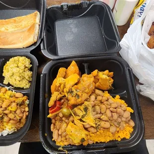 Pernil with white rice/red beans. Chicken with yellow rice/red beans. Platano Maduro