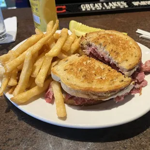CornBeef sandwich grilled with a side of French fries