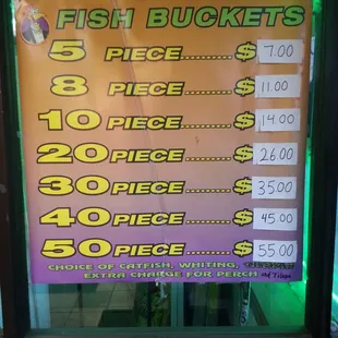 a menu for fish and buckets