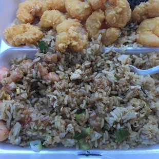 Shrimp fried rice and fried shrimp  I added soy sauce before taking this picture, the rice is not generally dark!!!