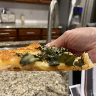 a hand holding a slice of pizza