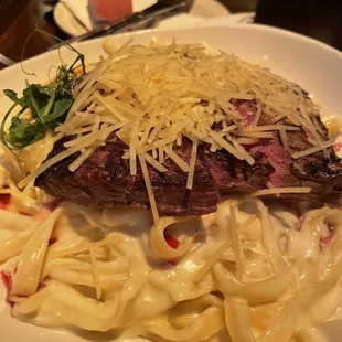 Perfection: homemade fettuccini with steak, medium-rare