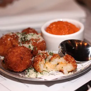Arancini ($11) - tomato, basil, mozzarella, romesco