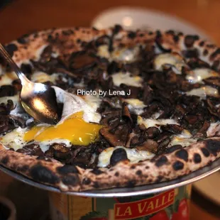 Tartufo Pizza ($22) - forest mushroom, fontina, thyme, black truffle, egg