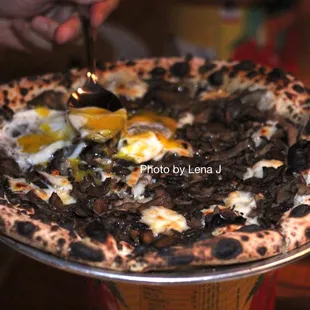 Tartufo Pizza ($22) - forest mushroom, fontina, thyme, black truffle, egg