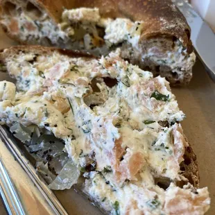 Salmon cream cheese inside that bialy. Chunks of smoked salmon. Delicious.