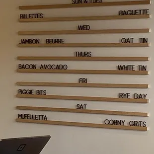 Daily specials. Sammies on left, breads on the right. Nose to tail pig used for all the porky specials!!